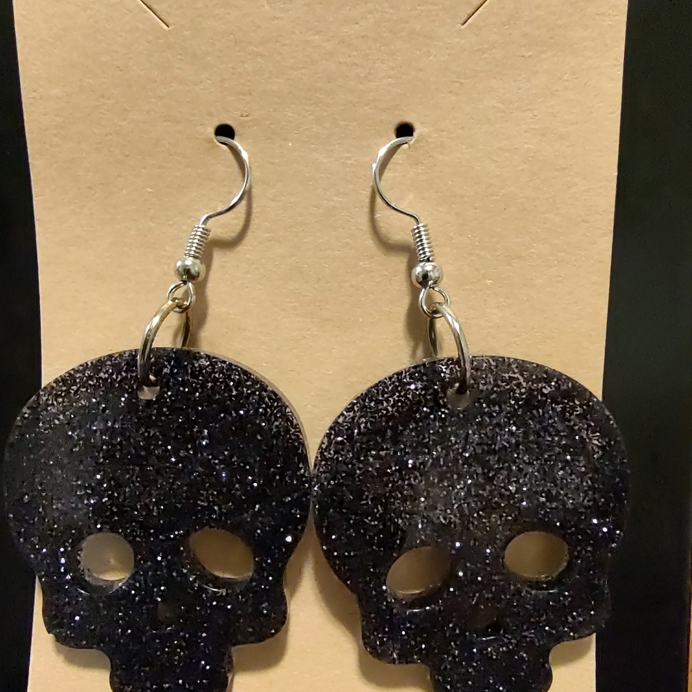 Black Glitter Skull Earrings